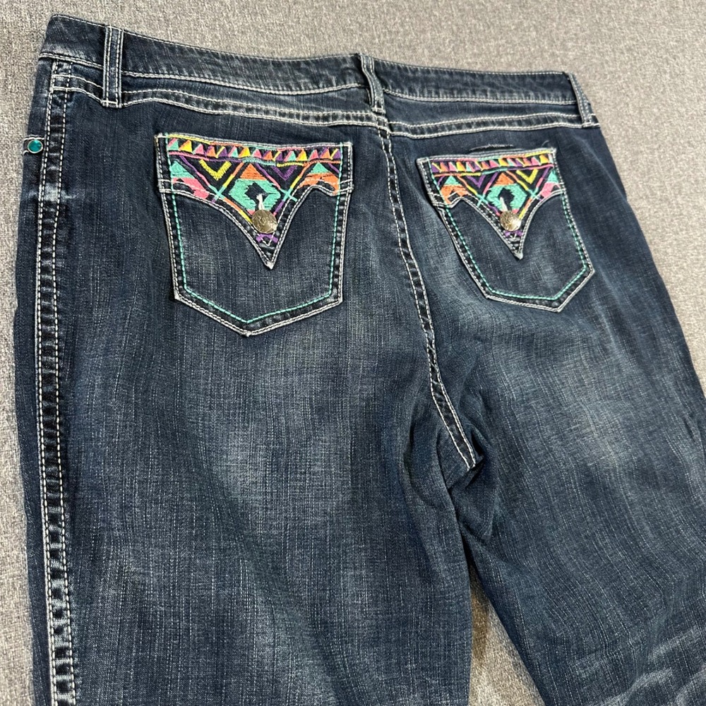 Rock 47 by Wrangler Womens Jeans 35x34 Low Rise Bootcut Tribal Embroidered Blue